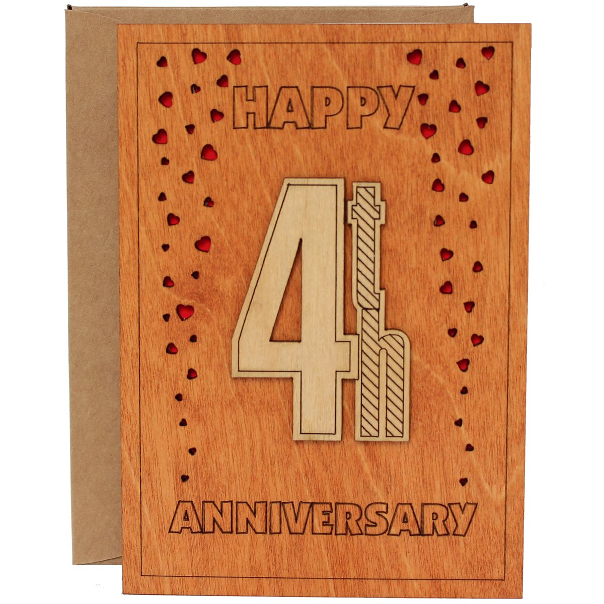Happy 4th Anniversary Wood Card. Gift for Her, Wife or Him, Husband. Handmade