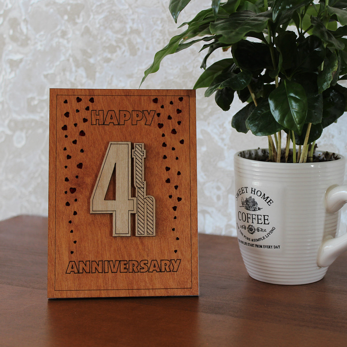 Happy 4th Anniversary Wood Card. Gift for Her, Wife or Him, Husband. Handmade